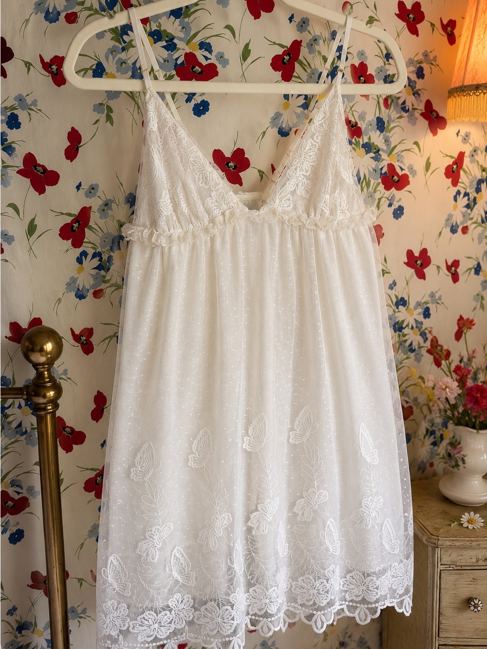 ivory lace butterfly embroidered slip dress size m nwot coquette fairycore bride